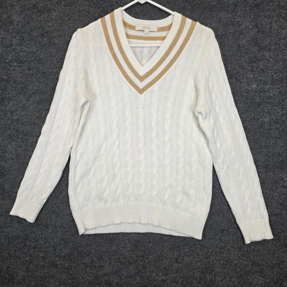 Lilly Pulitzer Brockton Sweater Womens S White Gold Metallic V-Neck Cable Knit